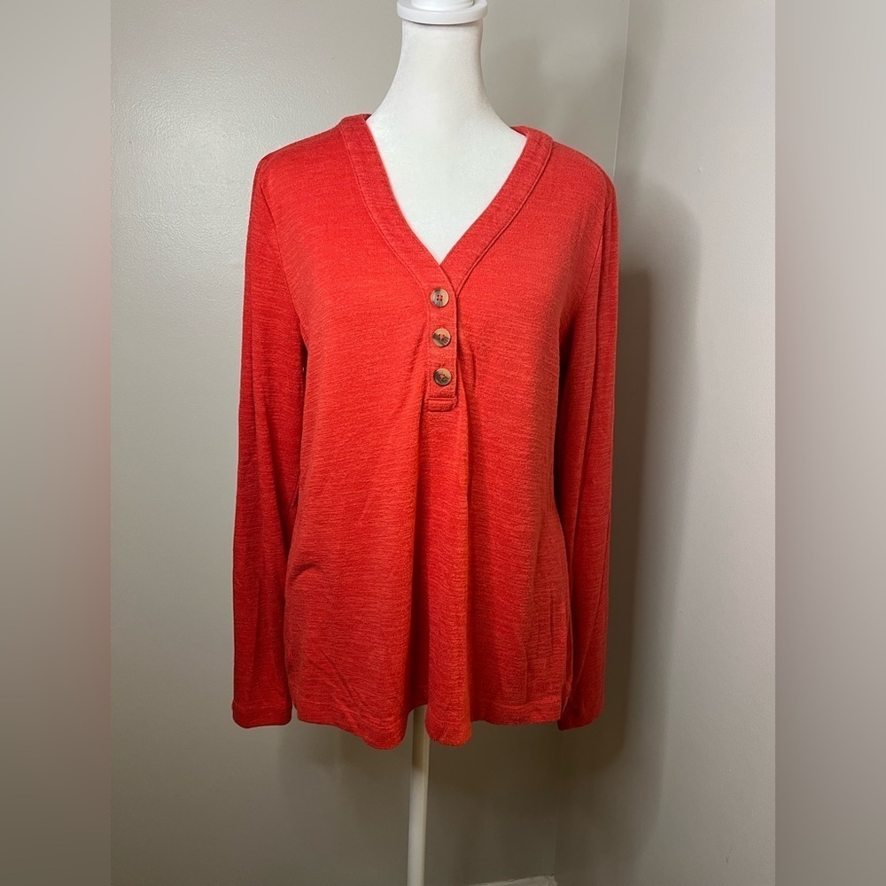 LOFT Burnt Orange Button-Front V-Neck Long Sleeve Top medium